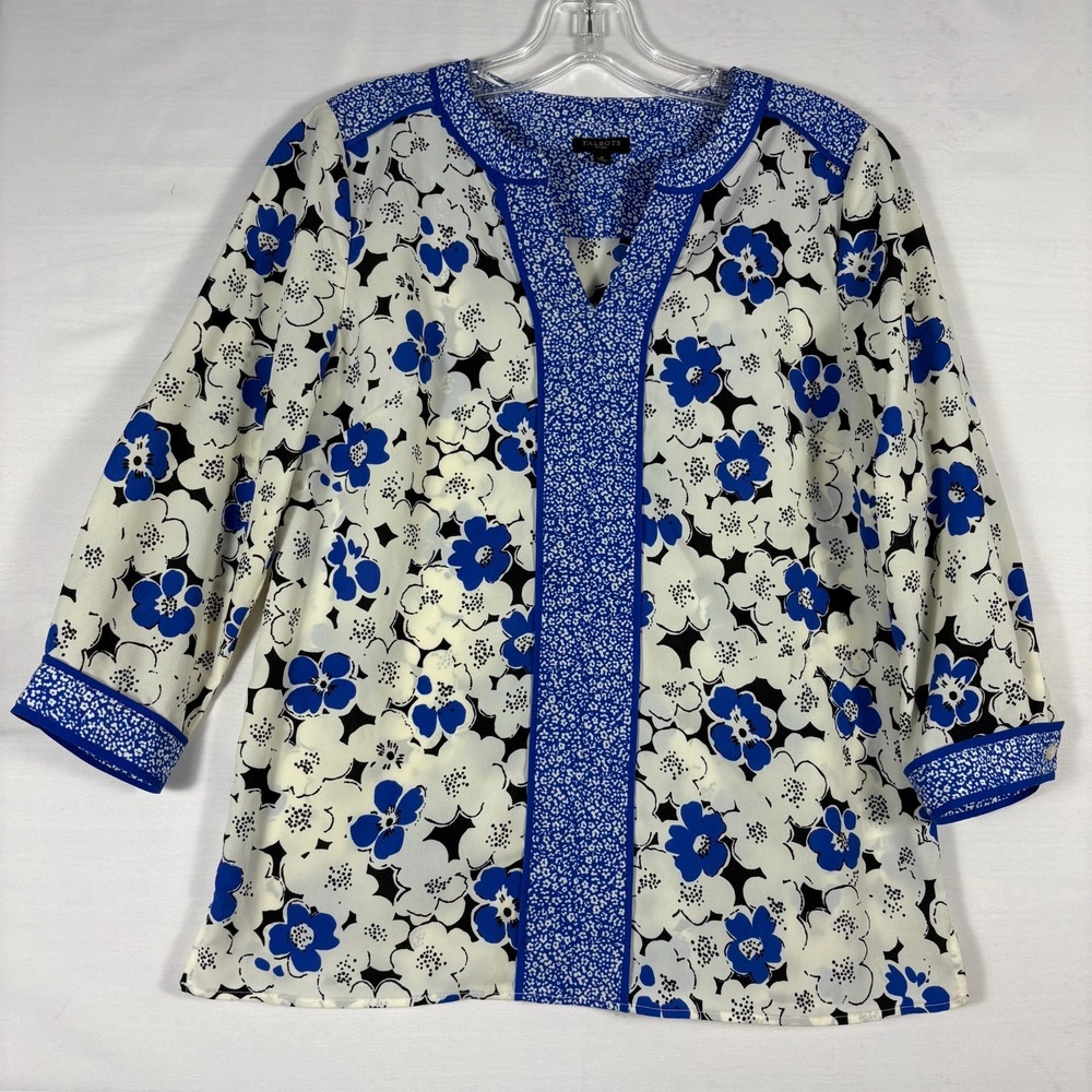 Talbots Petites Blue White Floral Split Neck Blouse 3/4‎ Sleeve Size P